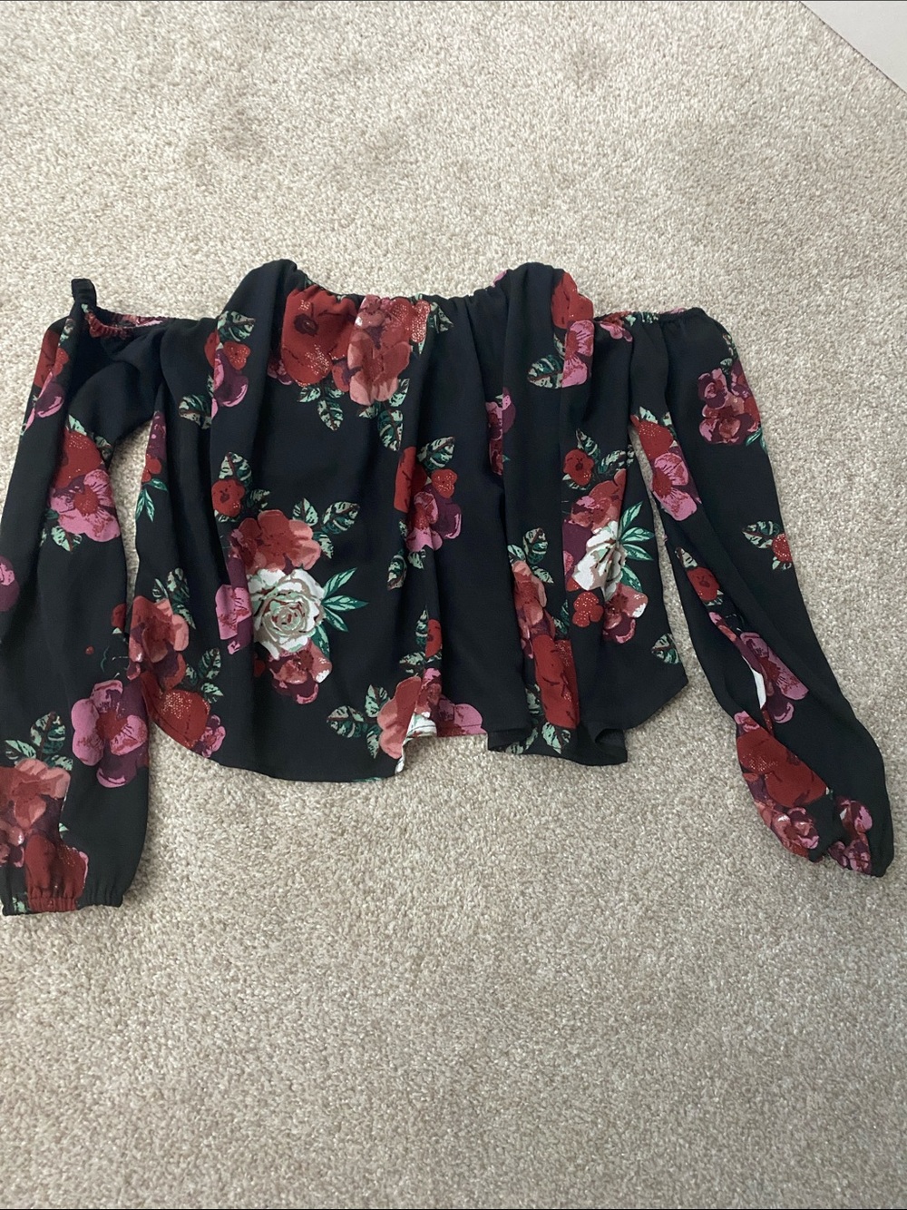 3/$20 Off-Shoulder Black Floral Blouse - Red & Pink Rose Print